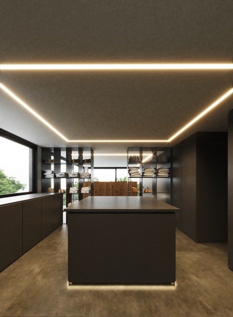 Lichtdurchfluteter Luxus-Ankleideraum mit intelligenter Regalarchitektur und indirekter LED-Beleuchtung Lichtdurchfluteter Luxus-Ankleideraum mit intelligenter Regalarchitektur und indirekter LED-Beleuchtung