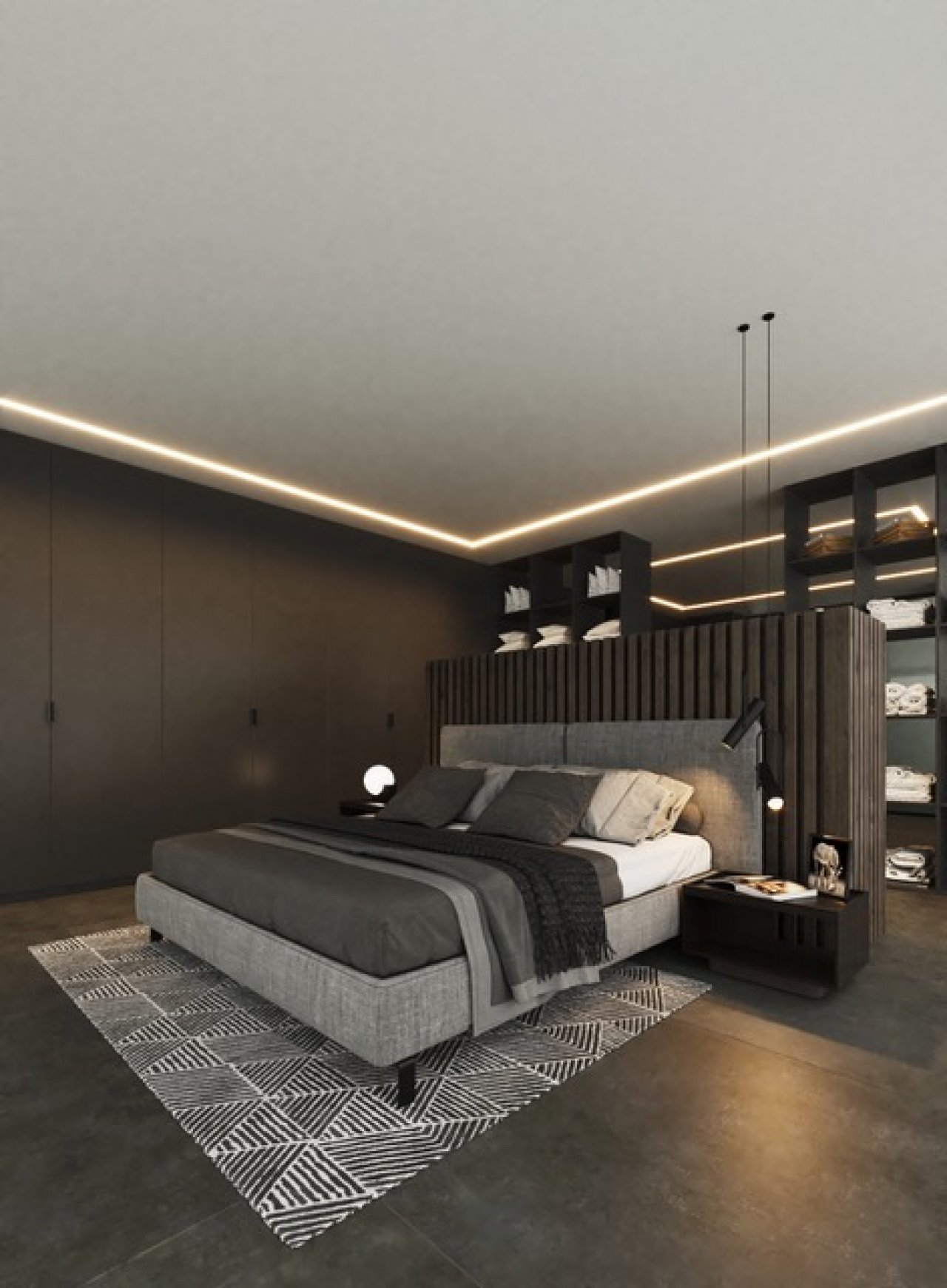 Lichtdurchflutetes Schlafzimmer mit innovativer Deckenbeleuchtung und integriertem Stauraum - Moderne Wohlfühloase mit durchdachter Lichtarchitektur