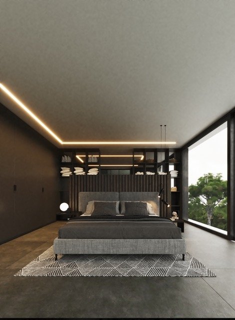 Lichtdurchflutetes Schlafzimmer mit intelligenter Lichtarchitektur und panoramischer Naturaussicht Lichtdurchflutetes Schlafzimmer mit intelligenter Lichtarchitektur und panoramischer Naturaussicht