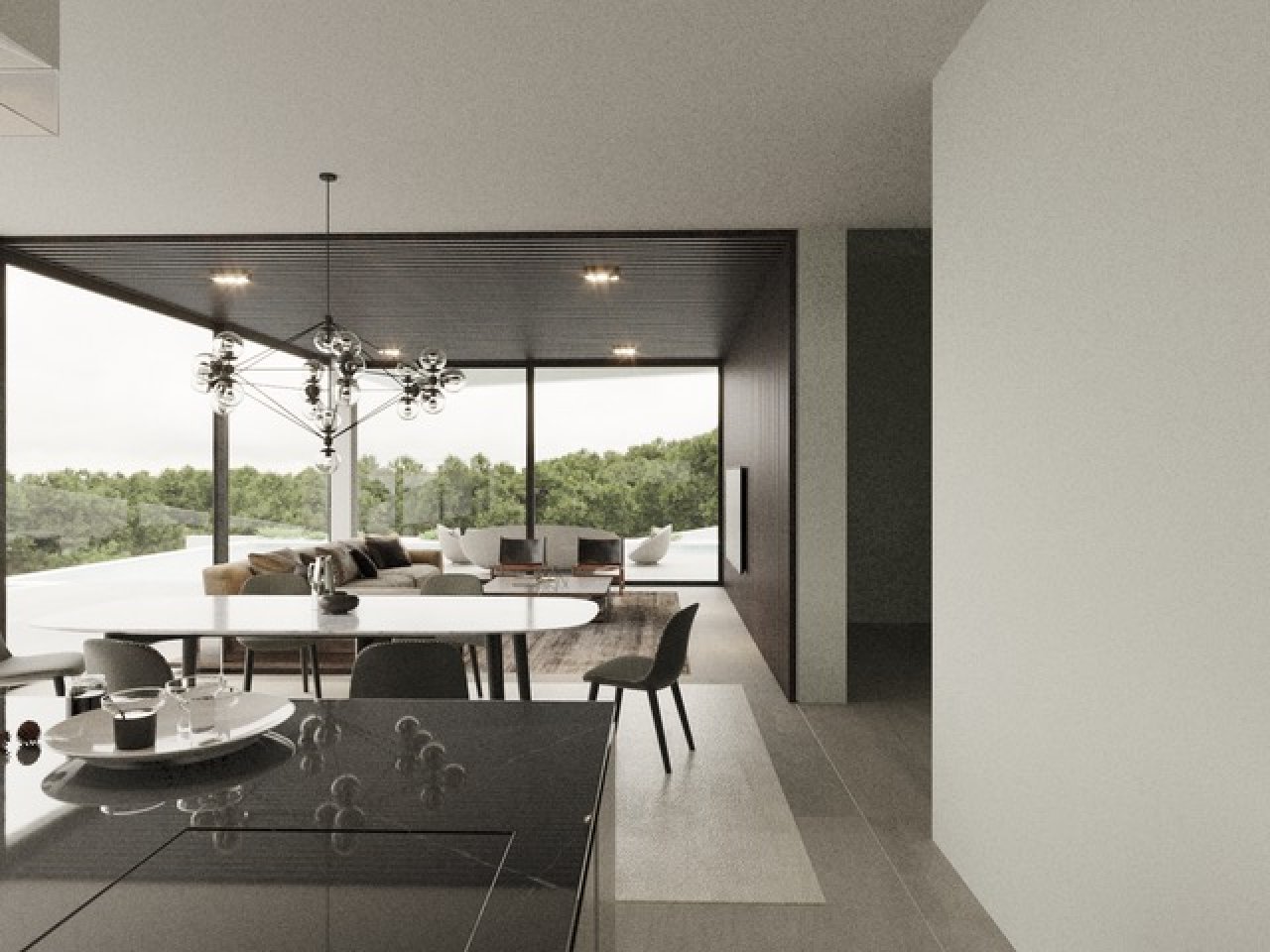 Lichtdurchfluteter Wohn-Essbereich mit Panorama-Glasfront und elegantem Design - Ihr neues Zuhause mit Weitblick!