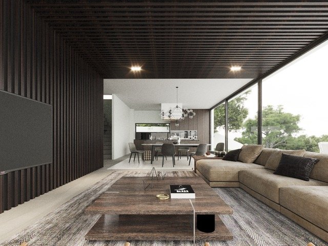 Lichtdurchfluteter Wohn-Essbereich mit eleganter Architektur und nahtlosem Übergang zur Natur Lichtdurchfluteter Wohn-Essbereich mit eleganter Architektur und nahtlosem Übergang zur Natur