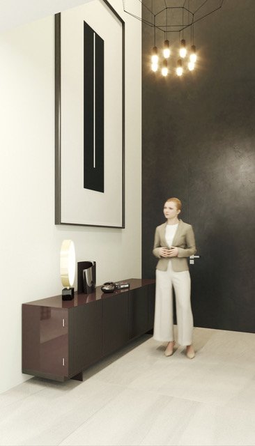 Exklusive Designerflure: Lichtdurchflutete Empfangszone mit eleganter Sideboard-Lösung und künstlerischer Wandgestaltung Exklusive Designerflure: Lichtdurchflutete Empfangszone mit eleganter Sideboard-Lösung und künstlerischer Wandgestaltung