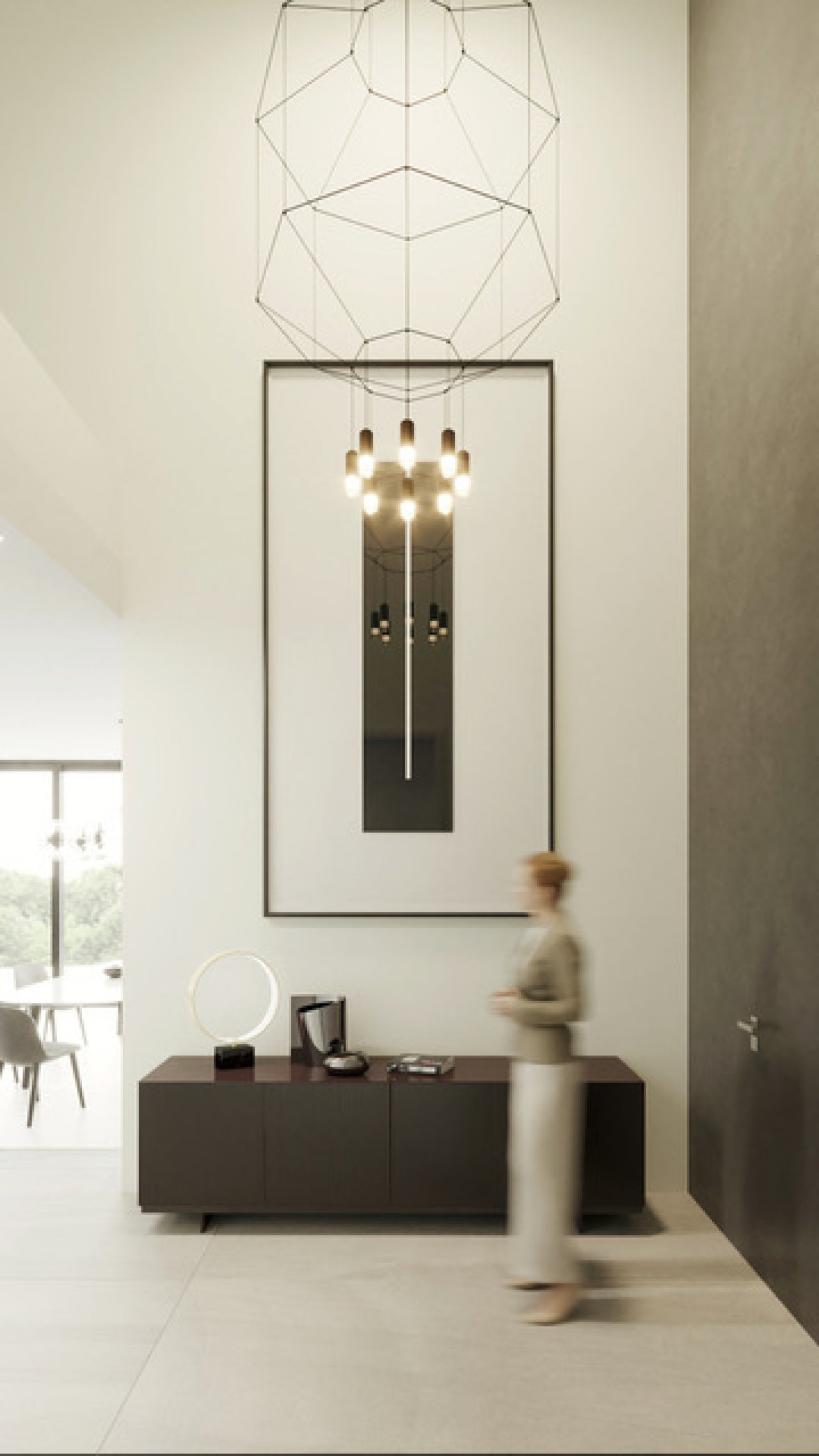 Lichtdurchfluteter Eingangsbereich mit Designer-Leuchte und elegantem Sideboard - Ihr stilvoller Empfangsmoment!