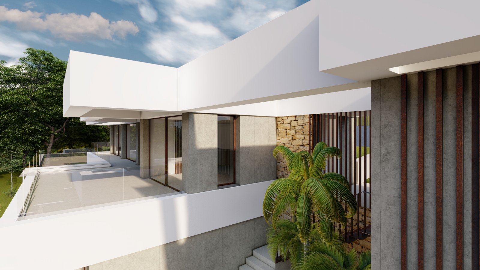 Architektur-Highlight: Moderne Designvilla mit transparenten Glasfassaden und eleganten Überdachungen Architektur-Highlight: Moderne Designvilla mit transparenten Glasfassaden und eleganten Überdachungen