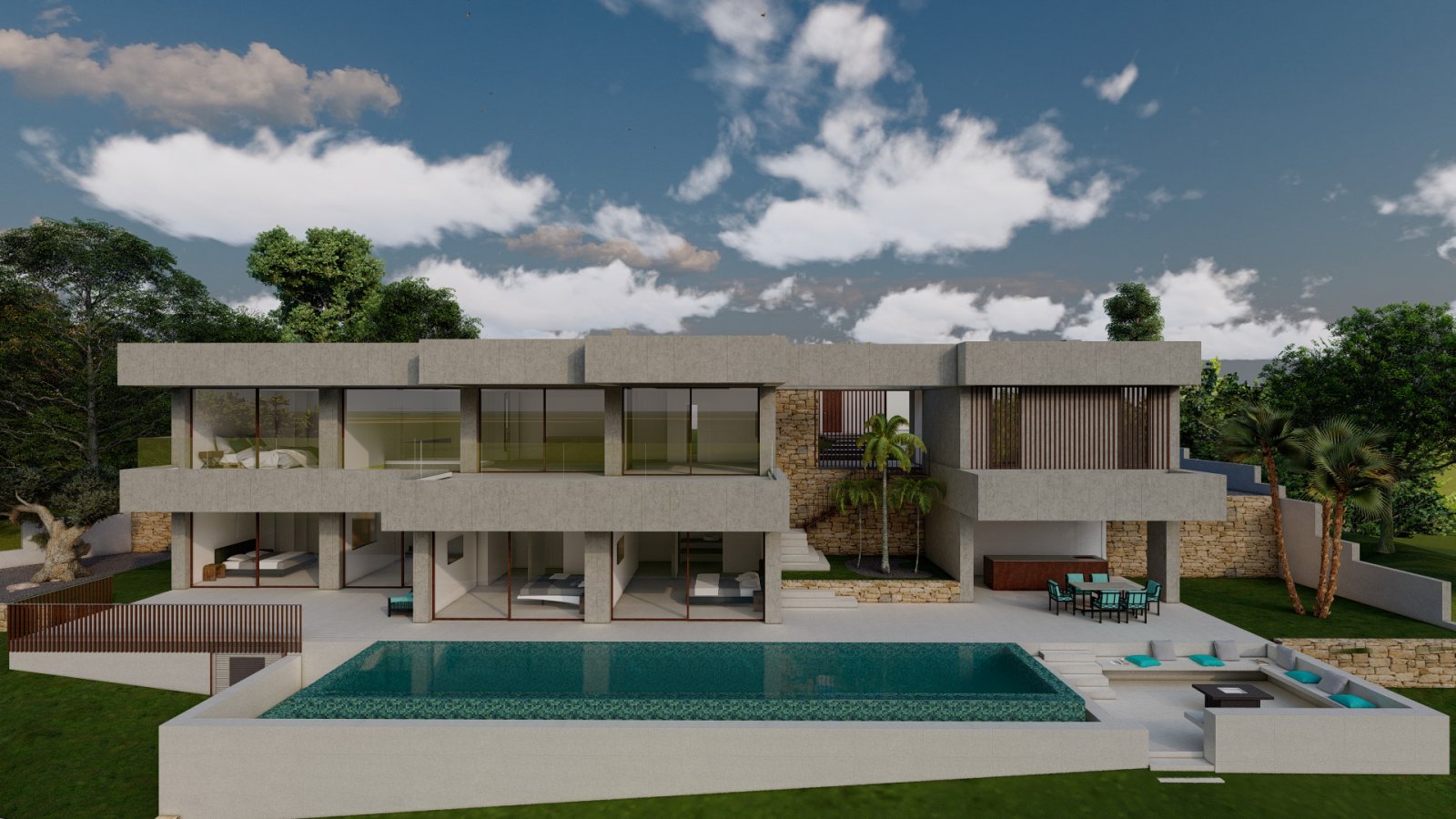 Luxus-Architektur mit Weitblick: Moderne Design-Villa mit Infinity-Pool und Panoramaverglasung Luxus-Architektur mit Weitblick: Moderne Design-Villa mit Infinity-Pool und Panoramaverglasung