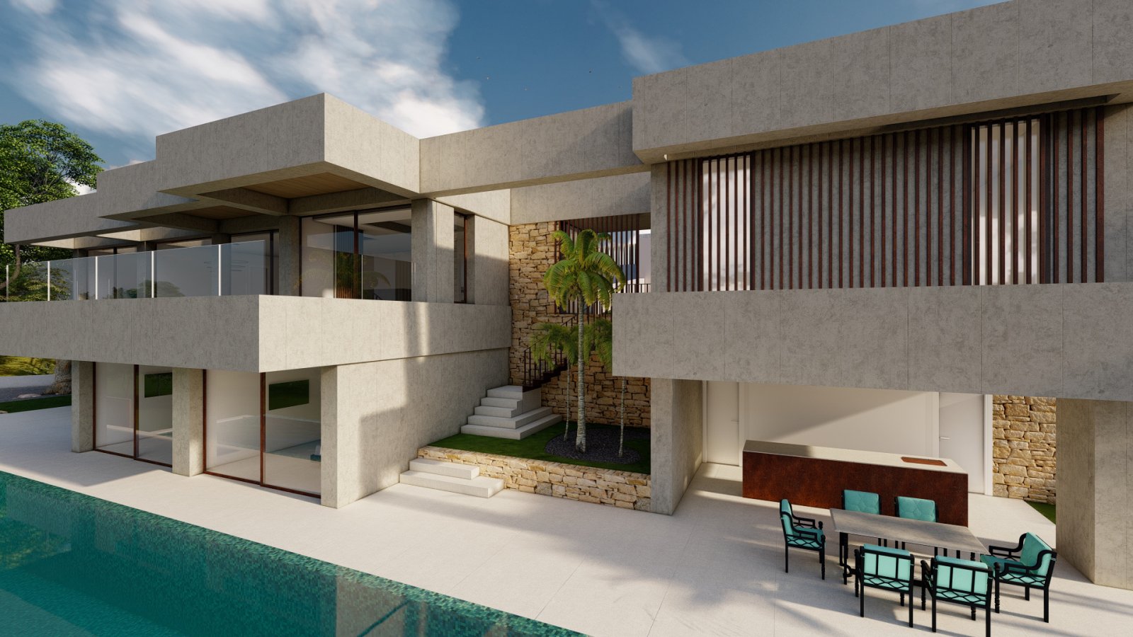 Architektur-Highlight: Moderne Design-Villa mit integrierten Natursteinelementen und großzügiger Poollandschaft Architektur-Highlight: Moderne Design-Villa mit integrierten Natursteinelementen und großzügiger Poollandschaft