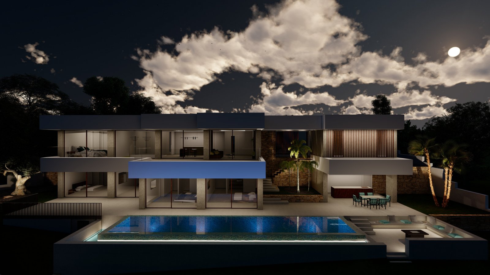 Exklusive Architektur-Perle: Modernes Designerhaus mit schwebendem Pool und Panoramaverglasung bei Mondschein Exklusive Architektur-Perle: Modernes Designerhaus mit schwebendem Pool und Panoramaverglasung bei Mondschein