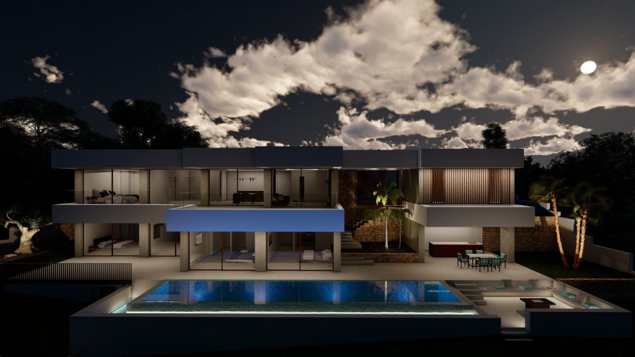 Exklusive Architektur-Perle: Modernes Designerhaus mit schwebendem Pool und Panoramaverglasung bei Mondschein Exklusive Architektur-Perle: Modernes Designerhaus mit schwebendem Pool und Panoramaverglasung bei Mondschein