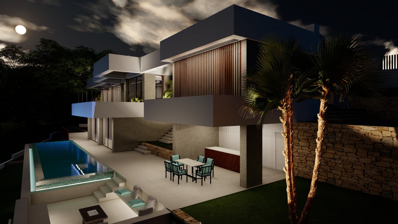 Luxus-Architektur mit Panorama-Pool: Moderne Designvilla mit stufenförmiger Terrassenlandschaft und nächtlicher Lichtinszenierung Luxus-Architektur mit Panorama-Pool: Moderne Designvilla mit stufenförmiger Terrassenlandschaft und nächtlicher Lichtinszenierung