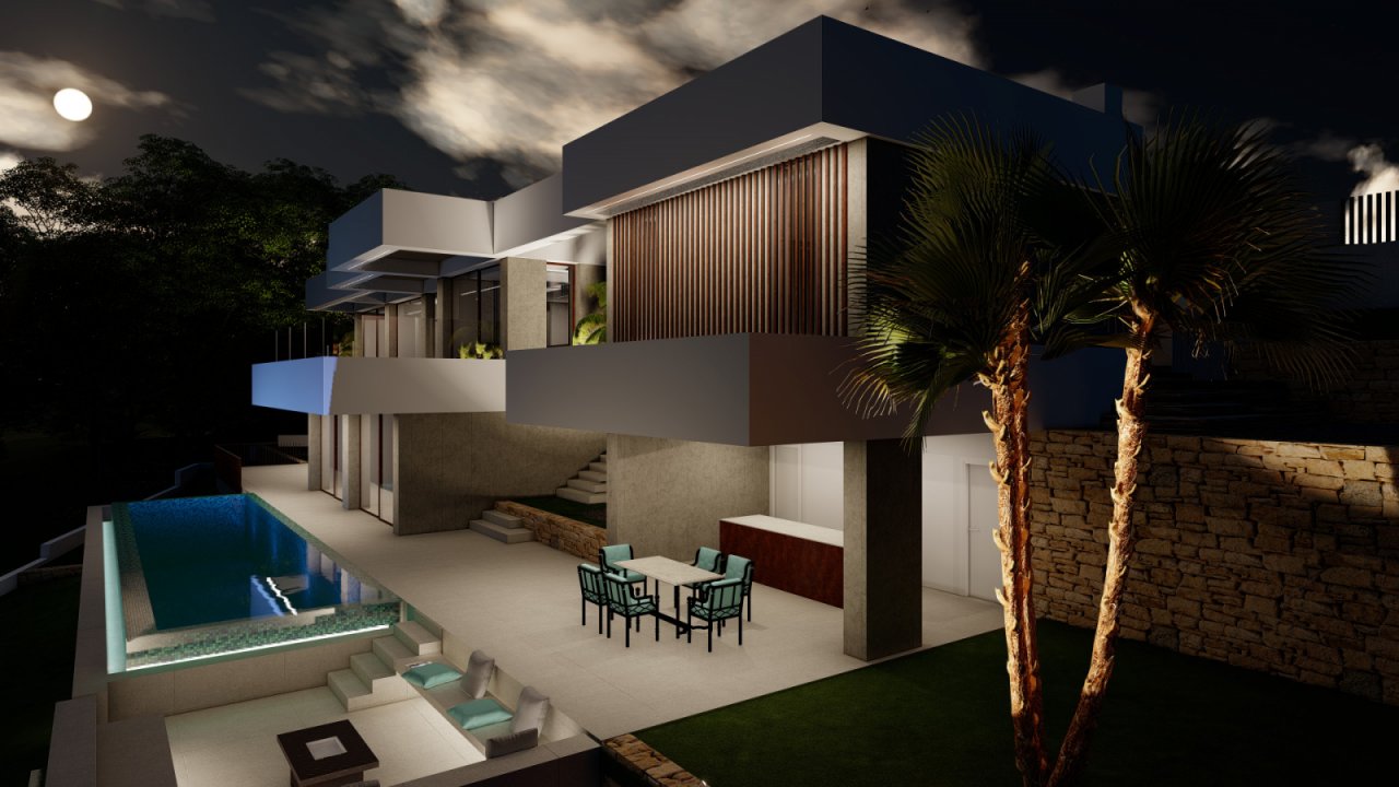 Luxus-Architektur mit Panorama-Pool: Moderne Designvilla mit stufenförmiger Terrassenlandschaft und nächtlicher Lichtinszenierung Luxus-Architektur mit Panorama-Pool: Moderne Designvilla mit stufenförmiger Terrassenlandschaft und nächtlicher Lichtinszenierung