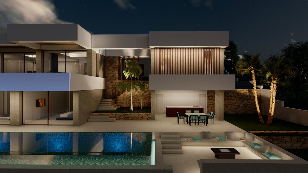 Luxus-Architektur mit Weitblick: Moderne Design-Villa mit stufenförmiger Poollandschaft und abendlicher Lichtinszenierung Luxus-Architektur mit Weitblick: Moderne Design-Villa mit stufenförmiger Poollandschaft und abendlicher Lichtinszenierung