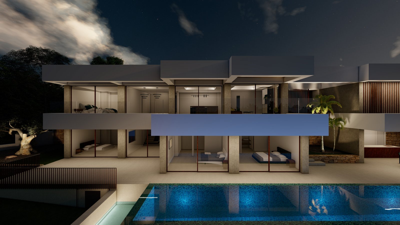 Architektur-Highlight: Moderne Luxus-Villa mit durchdachter Raumaufteilung und elegantem Pool-Ambiente bei Nacht Architektur-Highlight: Moderne Luxus-Villa mit durchdachter Raumaufteilung und elegantem Pool-Ambiente bei Nacht