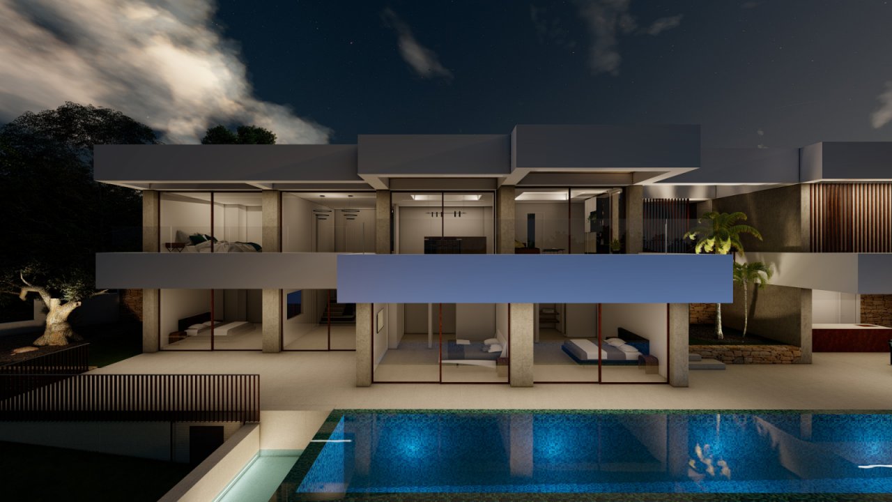 Architektur-Highlight: Moderne Luxus-Villa mit durchdachter Raumaufteilung und elegantem Pool-Ambiente bei Nacht Architektur-Highlight: Moderne Luxus-Villa mit durchdachter Raumaufteilung und elegantem Pool-Ambiente bei Nacht