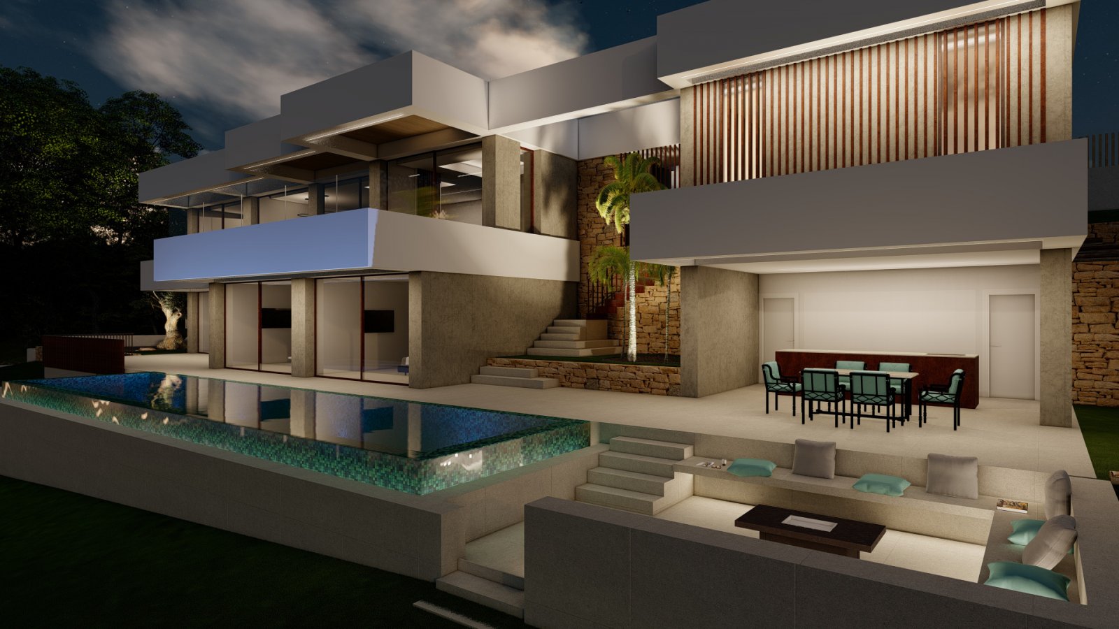 Luxus-Architektur mit Infinity-Pool: Moderne Designvilla mit atemberaubender Terrassenlandschaft und stufenförmiger Raumgestaltung Luxus-Architektur mit Infinity-Pool: Moderne Designvilla mit atemberaubender Terrassenlandschaft und stufenförmiger Raumgestaltung