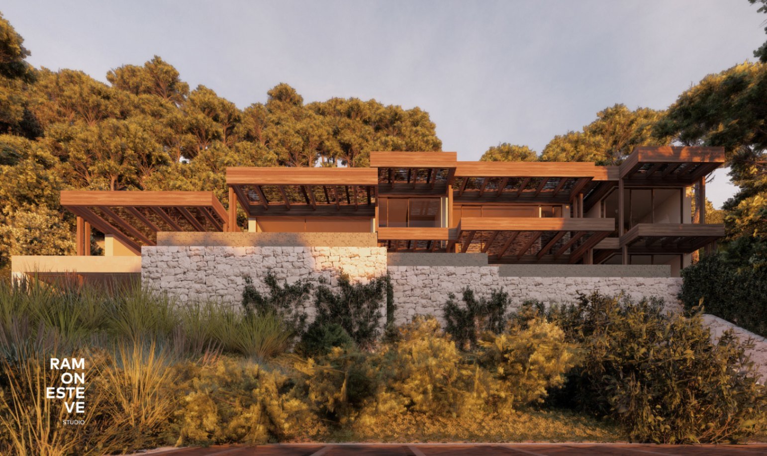 Architektur-Meisterwerk: Harmonisch in die Naturlandschaft eingebettete Designvilla mit Naturstein-Sockelfassade und eleganten Holzterrassen Architektur-Meisterwerk: Harmonisch in die Naturlandschaft eingebettete Designvilla mit Naturstein-Sockelfassade und eleganten Holzterrassen