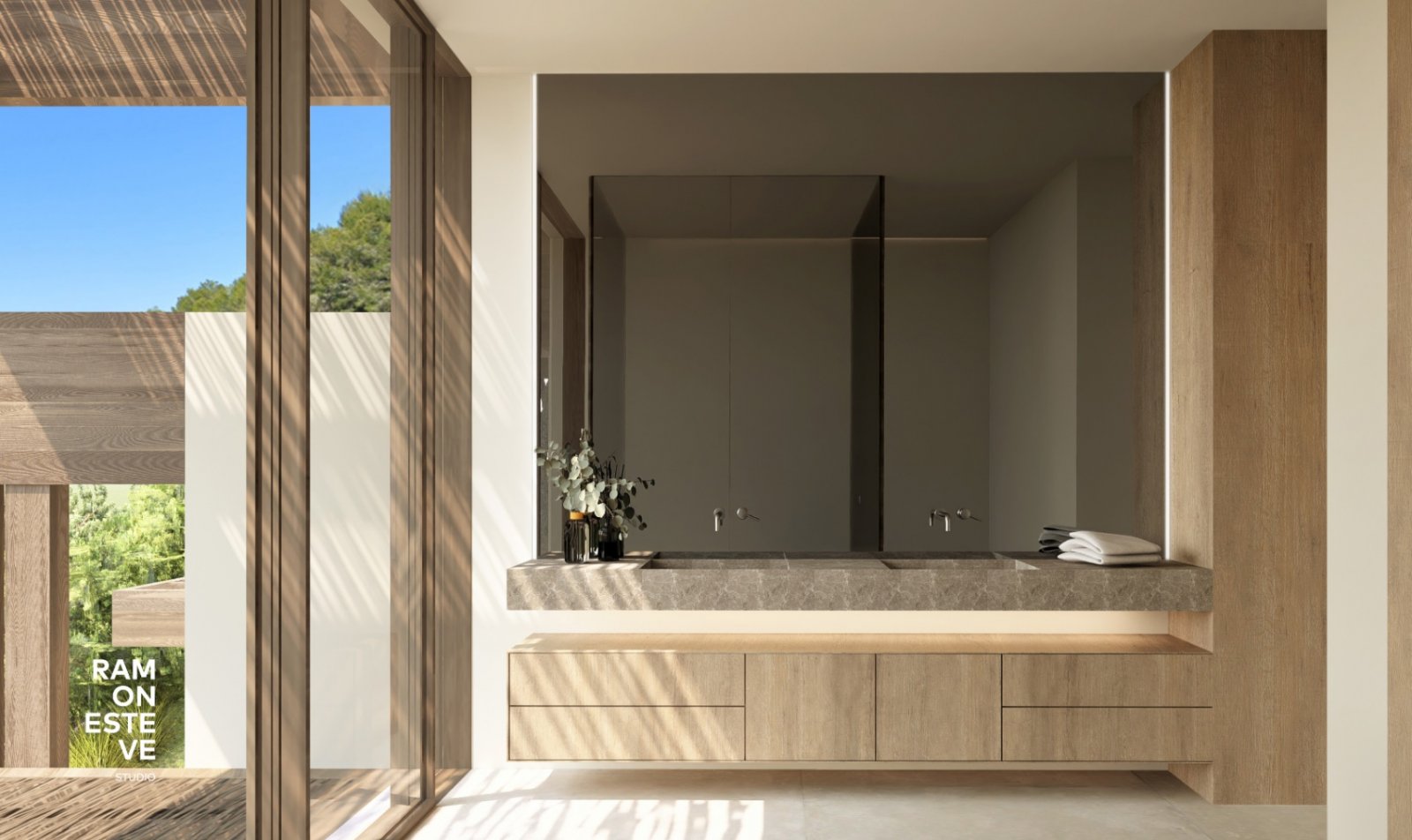 Wellness-Oase mit Naturpanorama: Lichtdurchflutetes Badezimmer mit elegantem Steinwaschtisch und integriertem Holz-Stauraum Wellness-Oase mit Naturpanorama: Lichtdurchflutetes Badezimmer mit elegantem Steinwaschtisch und integriertem Holz-Stauraum