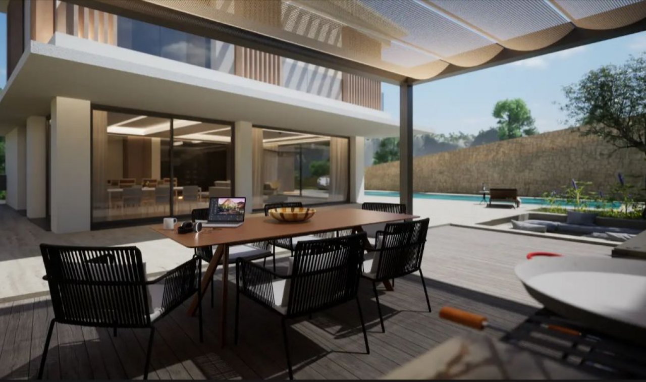 Nahtlose Indoor-Outdoor-Architektur: Lichtdurchfluteter Wohn- und Arbeitsbereich mit Pool-Ausblick Nahtlose Indoor-Outdoor-Architektur: Lichtdurchfluteter Wohn- und Arbeitsbereich mit Pool-Ausblick