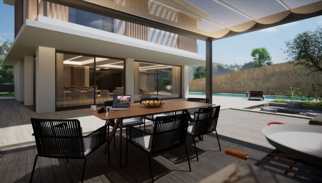 Luxuriöse Indoor-Outdoor-Wohnfläche mit nahtlosem Poolblick - Moderne Architektur zum Leben und Arbeiten Luxuriöse Indoor-Outdoor-Wohnfläche mit nahtlosem Poolblick - Moderne Architektur zum Leben und Arbeiten