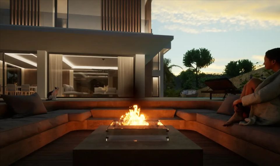 Exklusives Wohnen mit Wohlfühl-Garantie: Designerfeuer und nahtlose Indoor-Outdoor-Verbindung Exklusives Wohnen mit Wohlfühl-Garantie: Designerfeuer und nahtlose Indoor-Outdoor-Verbindung
