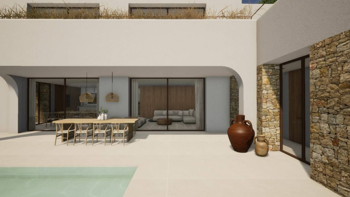Nahtlose Indoor-Outdoor-Architektur: Wohnen mit fließenden Übergängen und elegantem Natursteinakzent Nahtlose Indoor-Outdoor-Architektur: Wohnen mit fließenden Übergängen und elegantem Natursteinakzent