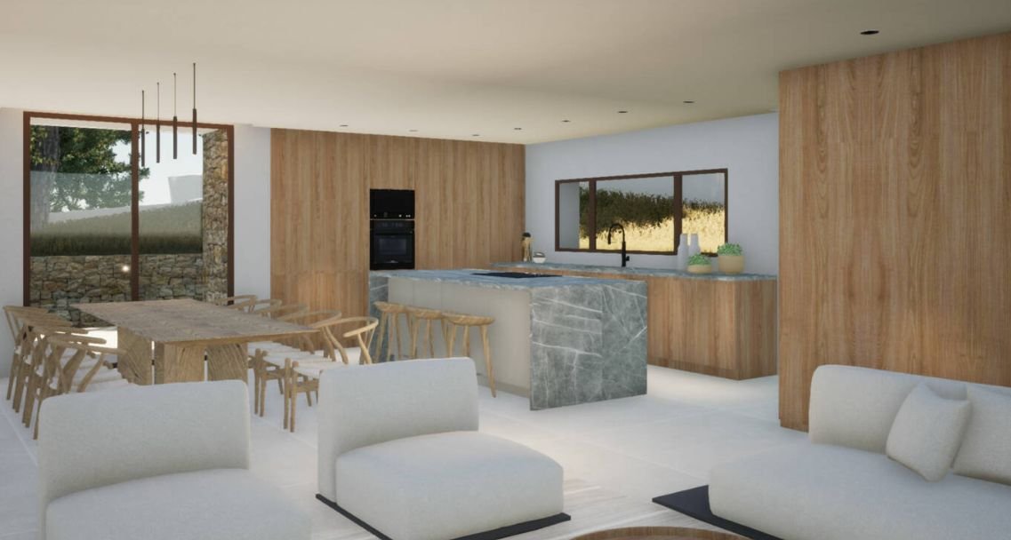 "Loft-Küche mit Naturstein: Offenes Raumkonzept mit integriertem Essbereich und Panoramafenstern" "Loft-Küche mit Naturstein: Offenes Raumkonzept mit integriertem Essbereich und Panoramafenstern"