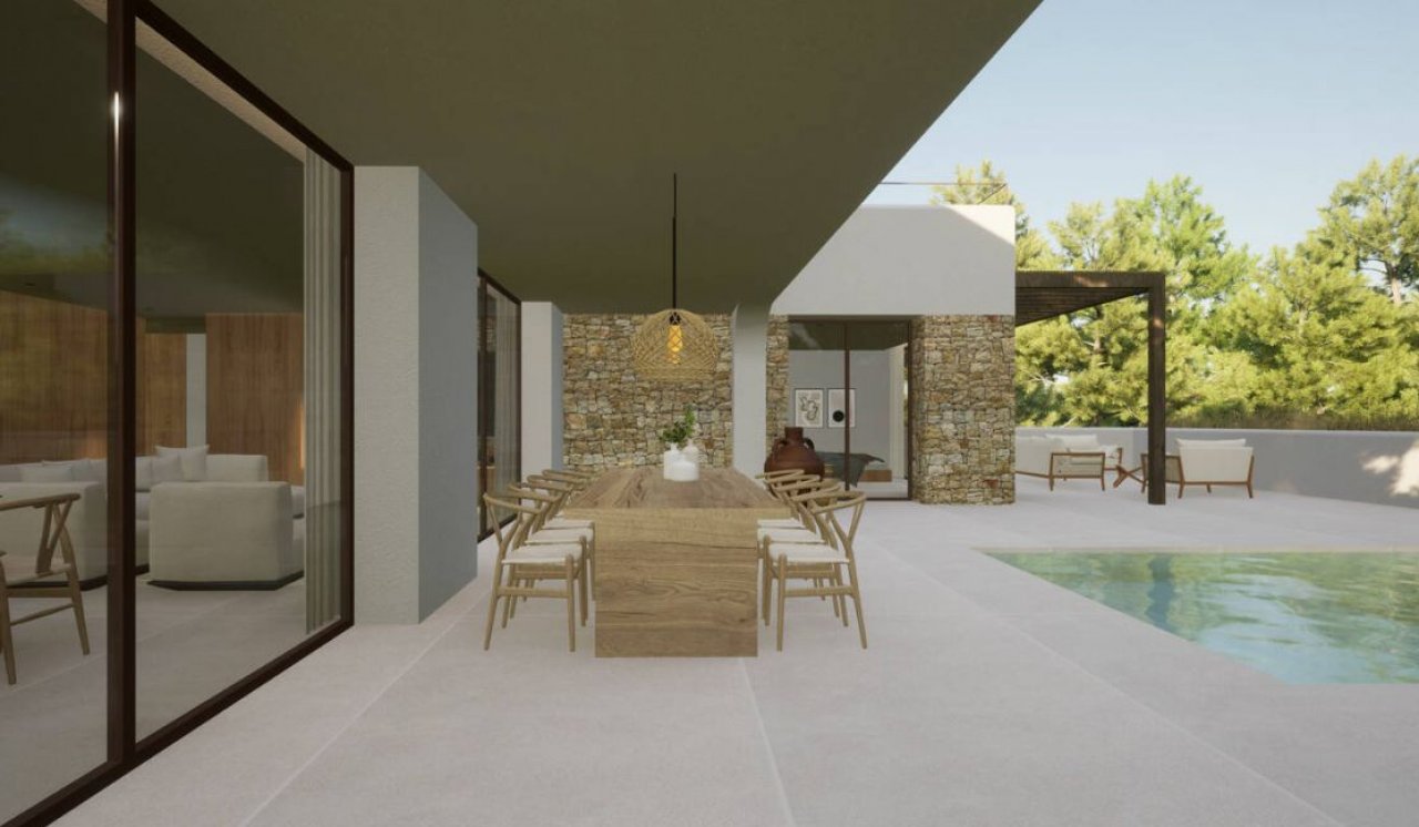 Nahtlose Indoor-Outdoor-Eleganz: Großzügige Essbereich-Terrasse mit Pool und Natursteinakzenten Nahtlose Indoor-Outdoor-Eleganz: Großzügige Essbereich-Terrasse mit Pool und Natursteinakzenten