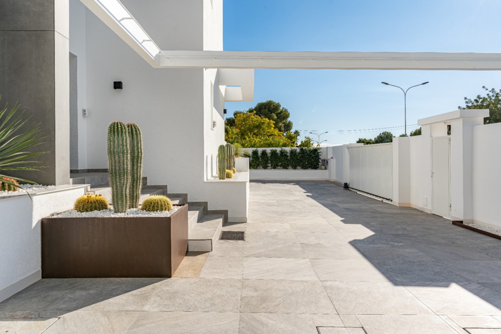 Moderne Architektur trifft Wüstencharme - Designter Eingangsbereich mit eleganter Pflanzgestaltung und großzügiger Terrasse Moderne Architektur trifft Wüstencharme - Designter Eingangsbereich mit eleganter Pflanzgestaltung und großzügiger Terrasse