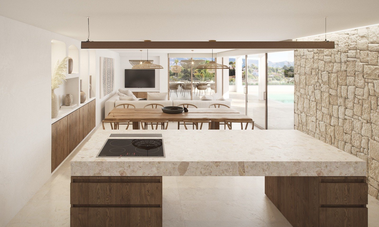 Lichtdurchfluteter Wohn-Essbereich mit Panoramaverglasung und integrierter Natursteinwand - Ihr neues Zuhause mit elegantem Raumkonzept! Lichtdurchfluteter Wohn-Essbereich mit Panoramaverglasung und integrierter Natursteinwand - Ihr neues Zuhause mit elegantem Raumkonzept!