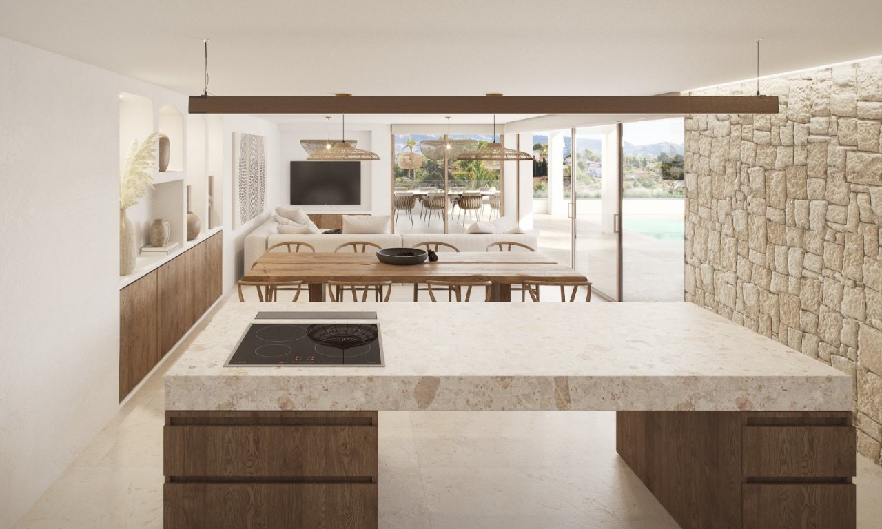 Lichtdurchfluteter Wohn-Essbereich mit Panoramaverglasung und integrierter Natursteinwand - Ihr neues Zuhause mit elegantem Raumkonzept! Lichtdurchfluteter Wohn-Essbereich mit Panoramaverglasung und integrierter Natursteinwand - Ihr neues Zuhause mit elegantem Raumkonzept!