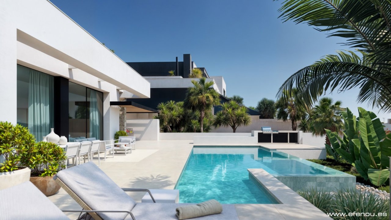 Luxus-Pooloase mit architektonischer Eleganz - Moderne Design-Villa mit tropischer Gartenlandschaft und exklusiver Wasserfläche Luxus-Pooloase mit architektonischer Eleganz - Moderne Design-Villa mit tropischer Gartenlandschaft und exklusiver Wasserfläche