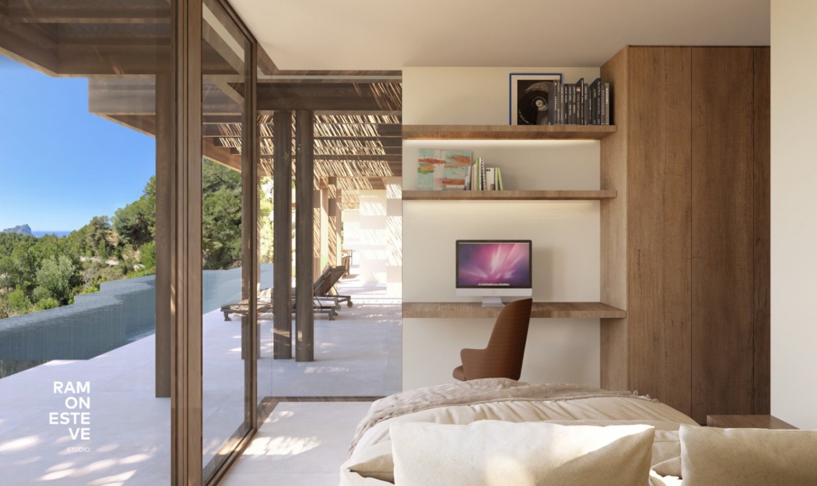 Bright bedroom with panoramic workspace and direct access to the terrace – your private retreat with a view! Bright bedroom with panoramic workspace and direct access to the terrace – your private retreat with a view!