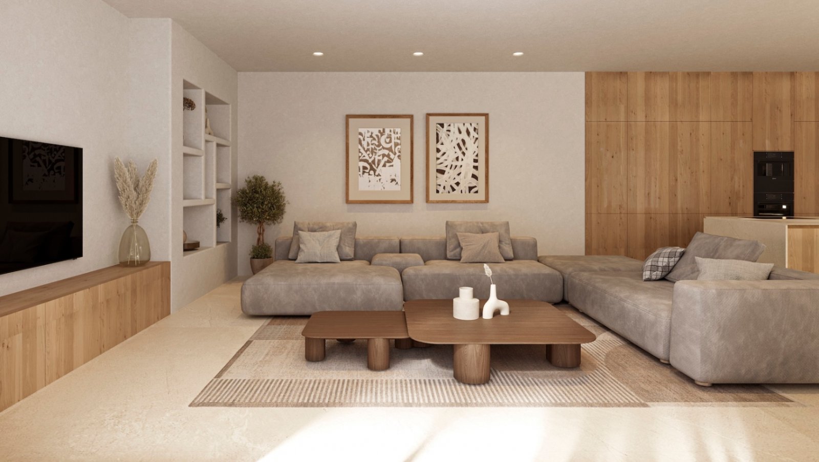 Bright living environment with intelligent shelf integration and high-quality wood paneling Bright living environment with intelligent shelf integration and high-quality wood paneling