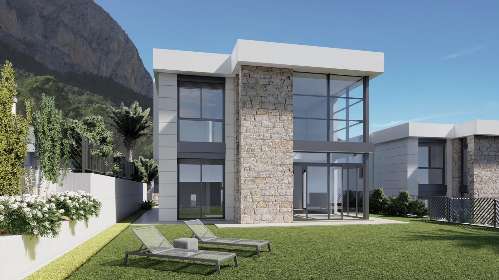 Modern architectural highlight: designer villa with natural stone and panoramic glazing - unique living between mountain scenery and contemporary architecture Modern architectural highlight: designer villa with natural stone and panoramic glazing - unique living between mountain scenery and contemporary architecture