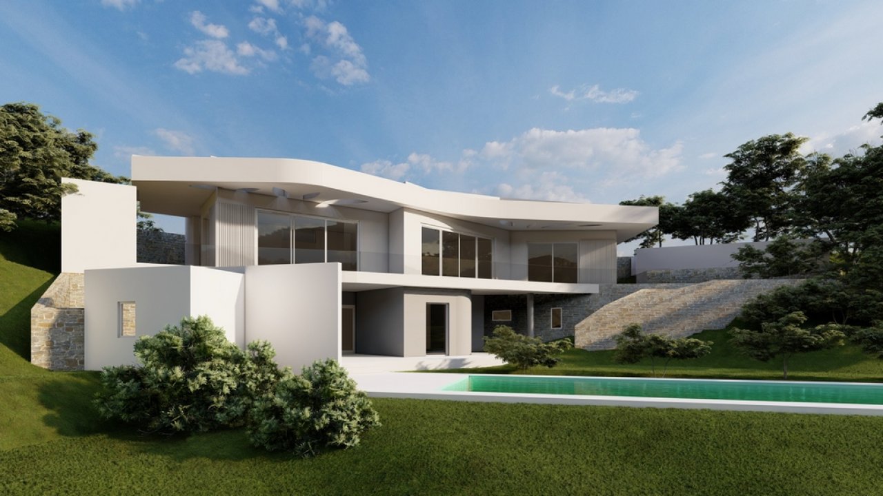 Architecture highlight: Modern design villa with panoramic windows and an elegant pool area Architecture highlight: Modern design villa with panoramic windows and an elegant pool area