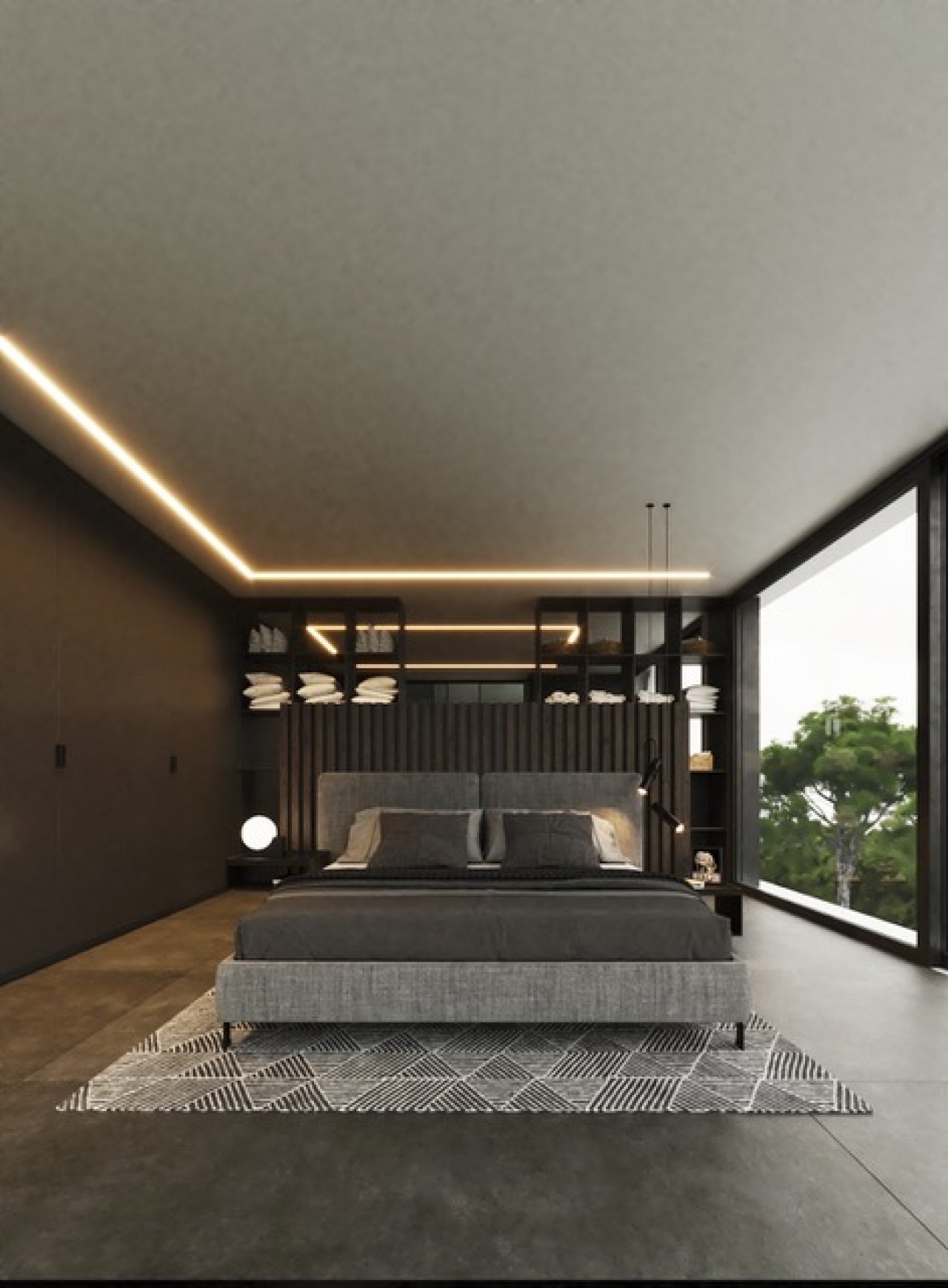 Chambre lumineuse avec une architecture lumineuse intelligente et une vue panoramique sur la nature Chambre lumineuse avec une architecture lumineuse intelligente et une vue panoramique sur la nature
